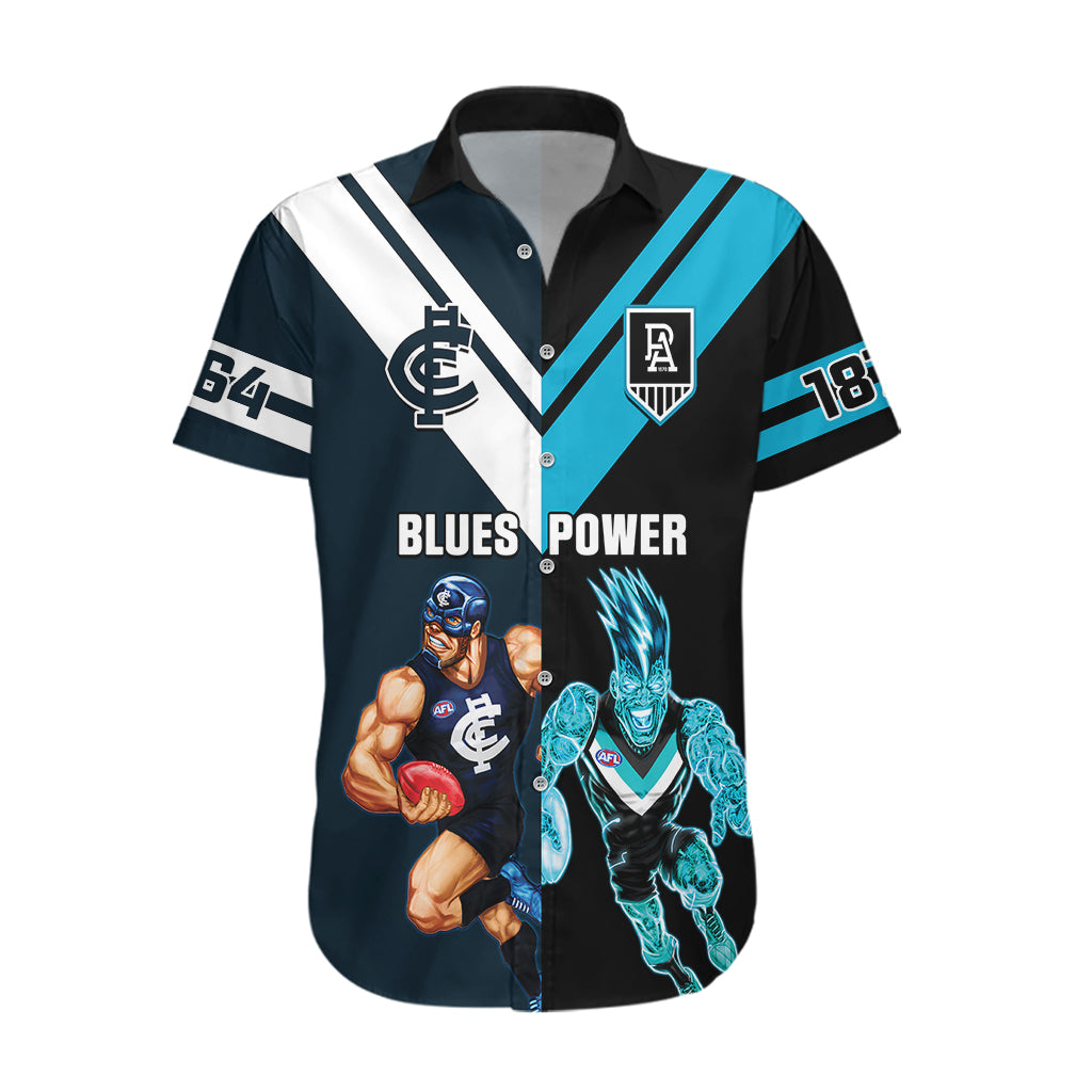 Personalised Carlton And Port Adelaide Football Hawaiian Shirt Blues Mix Power Sporty Version - Vibe Hoodie Shop