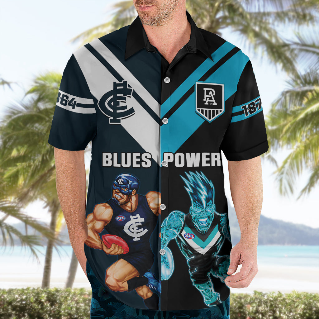 Personalised Carlton And Port Adelaide Football Hawaiian Shirt Blues Mix Power Sporty Version - Vibe Hoodie Shop