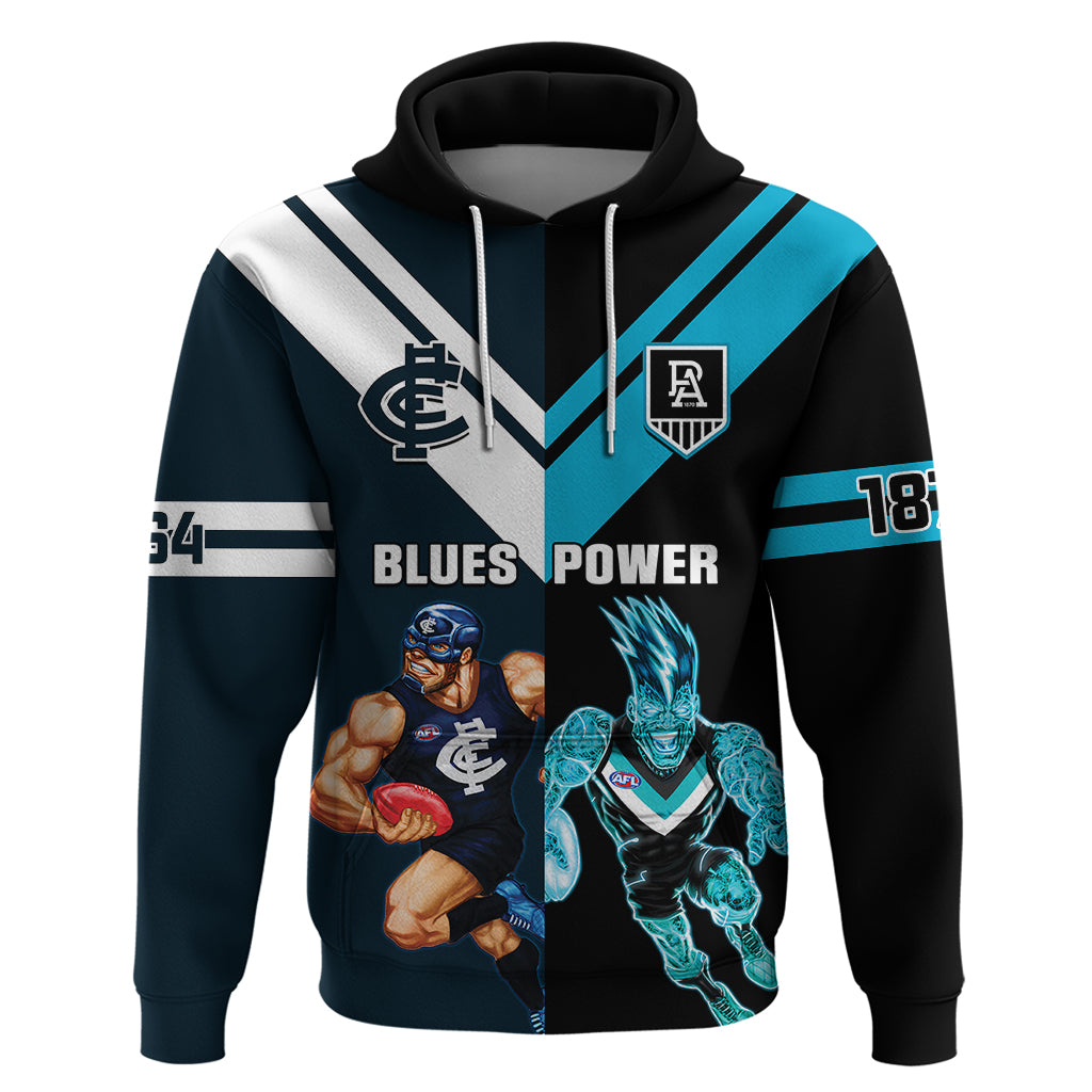 Personalised Carlton And Port Adelaide Football Hoodie Blues Mix Power Sporty Version - Vibe Hoodie Shop