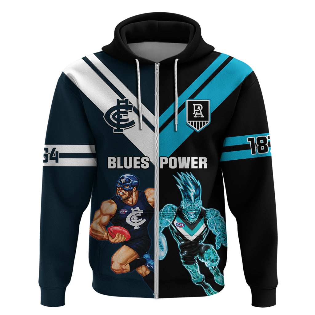 Personalised Carlton And Port Adelaide Football Hoodie Blues Mix Power Sporty Version - Vibe Hoodie Shop
