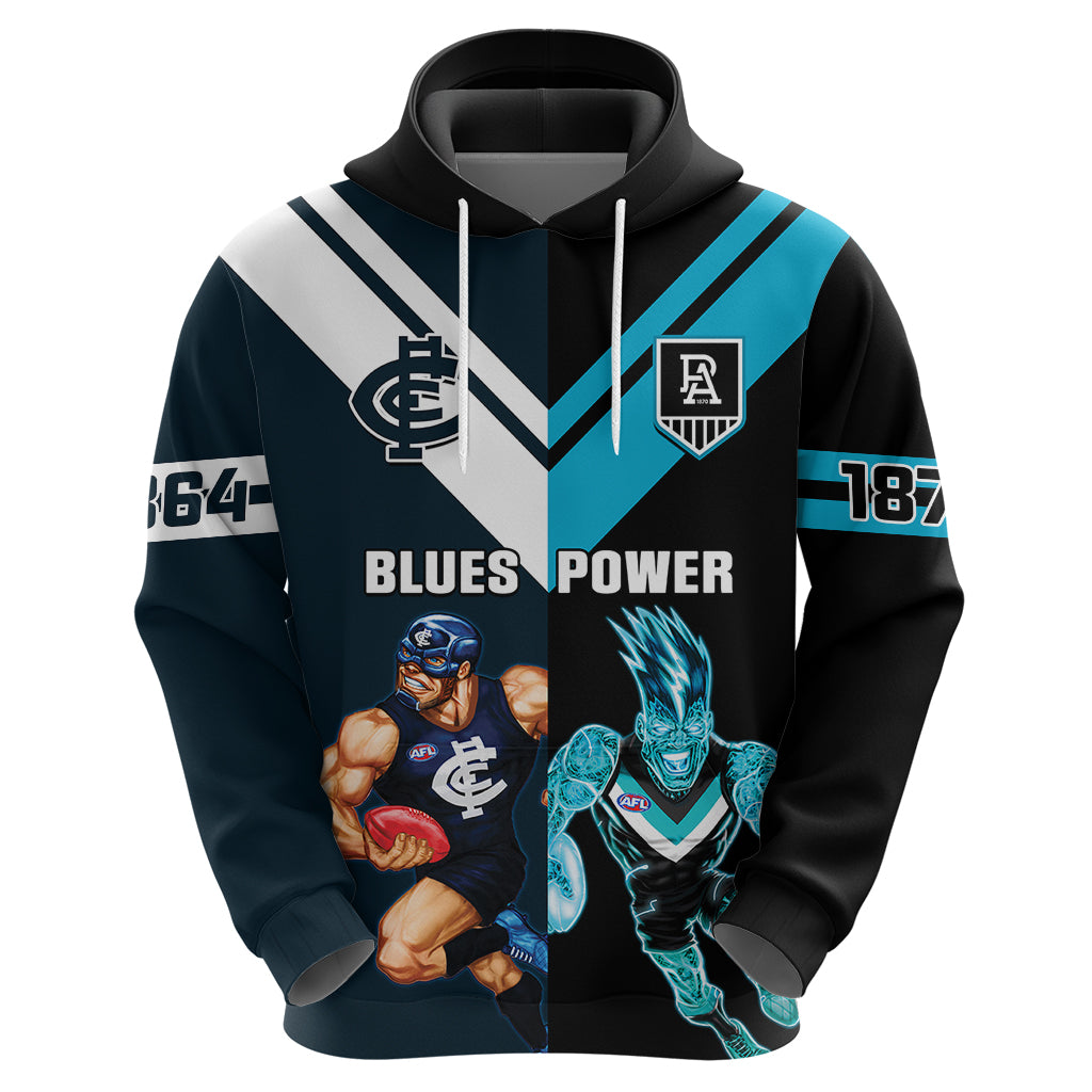 Personalised Carlton And Port Adelaide Football Hoodie Blues Mix Power Sporty Version - Vibe Hoodie Shop