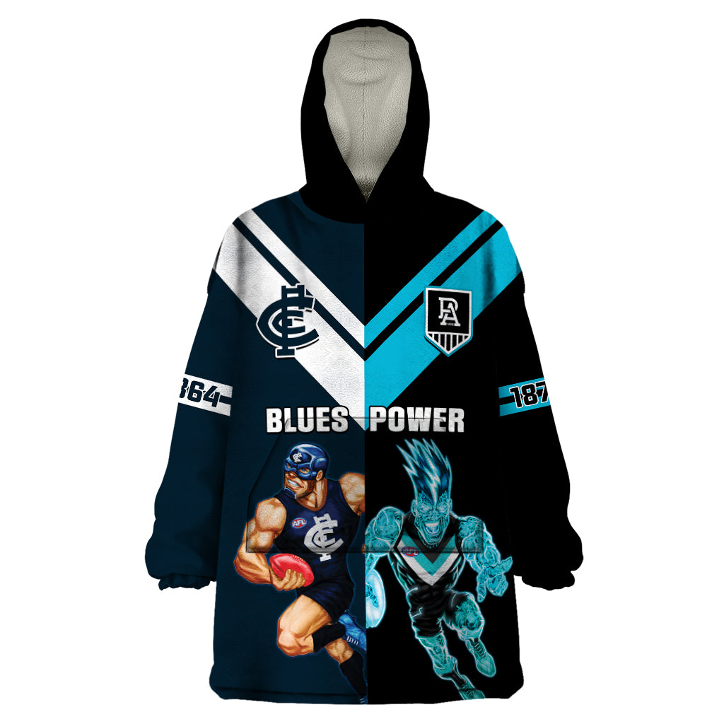 Personalised Carlton And Port Adelaide Football Wearable Blanket Hoodie Blues Mix Power Sporty Version - Vibe Hoodie Shop