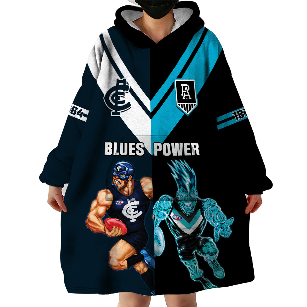 Personalised Carlton And Port Adelaide Football Wearable Blanket Hoodie Blues Mix Power Sporty Version - Vibe Hoodie Shop