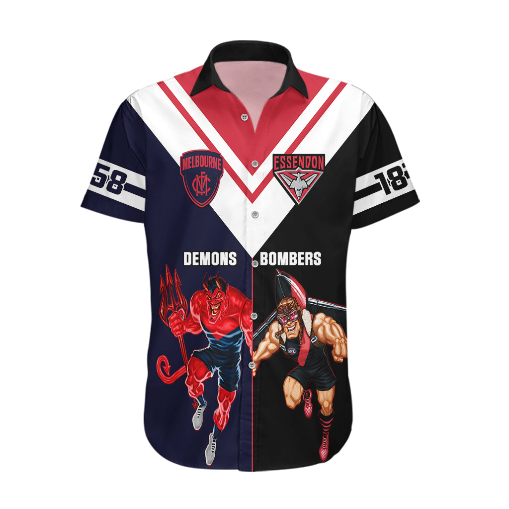 Personalised Melbourne And Essendon Football Hawaiian Shirt Demons Mix Bombers Sporty Version - Vibe Hoodie Shop