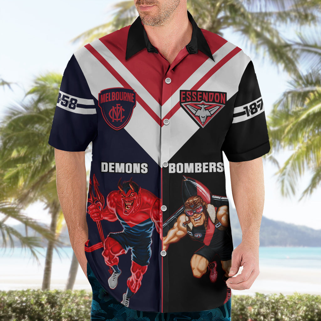 Personalised Melbourne And Essendon Football Hawaiian Shirt Demons Mix Bombers Sporty Version - Vibe Hoodie Shop