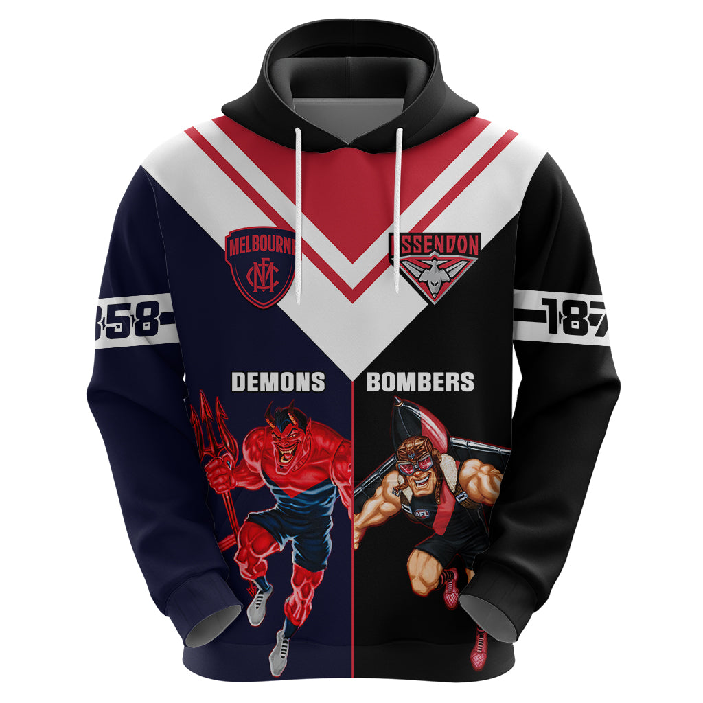 Personalised Melbourne And Essendon Football Hoodie Demons Mix Bombers Sporty Version - Vibe Hoodie Shop
