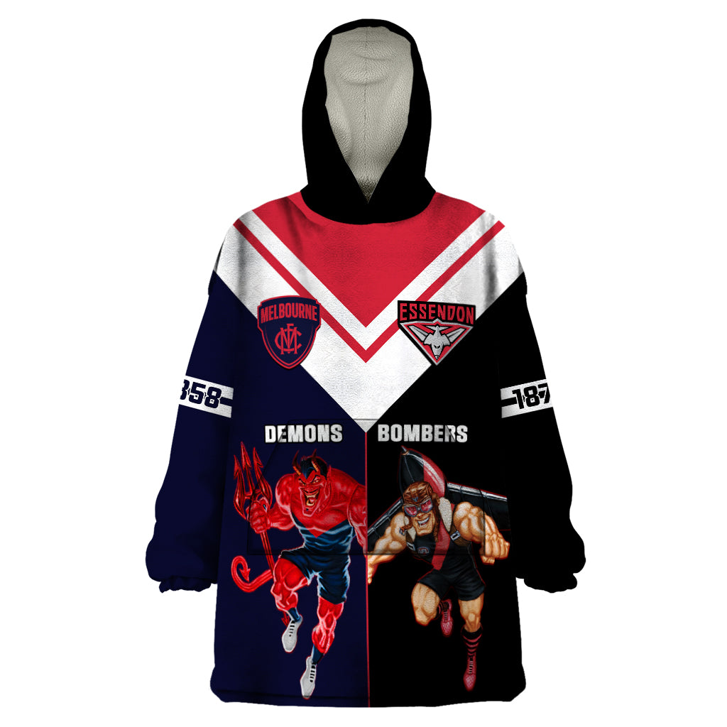 Personalised Melbourne And Essendon Football Wearable Blanket Hoodie Demons Mix Bombers Sporty Version - Vibe Hoodie Shop