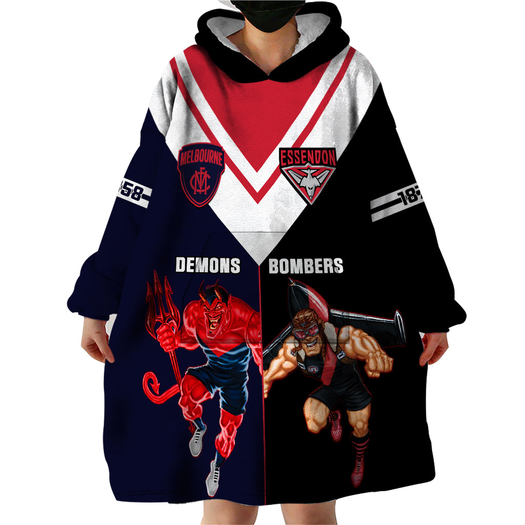 Personalised Melbourne And Essendon Football Wearable Blanket Hoodie Demons Mix Bombers Sporty Version - Vibe Hoodie Shop