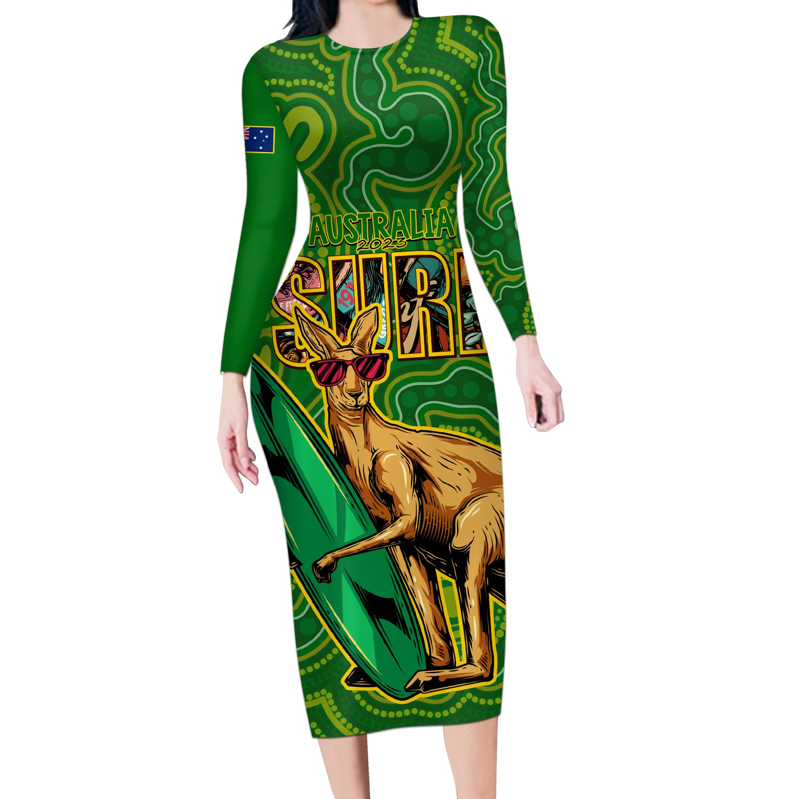 australia-surf-long-sleeve-bodycon-dress-2023-happy-kangaroo-indigenous-artsy