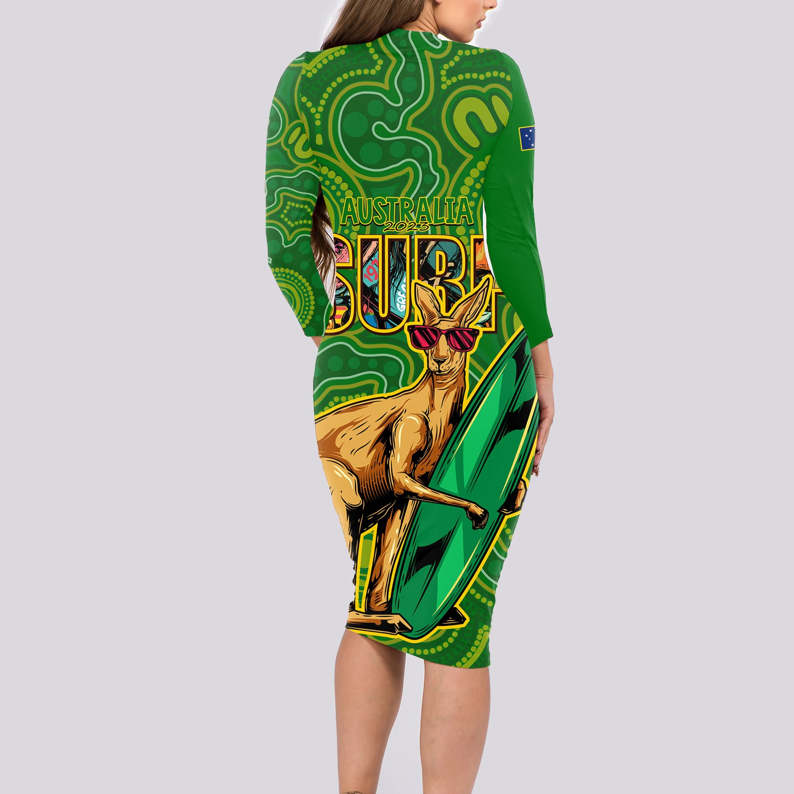 australia-surf-long-sleeve-bodycon-dress-2023-happy-kangaroo-indigenous-artsy