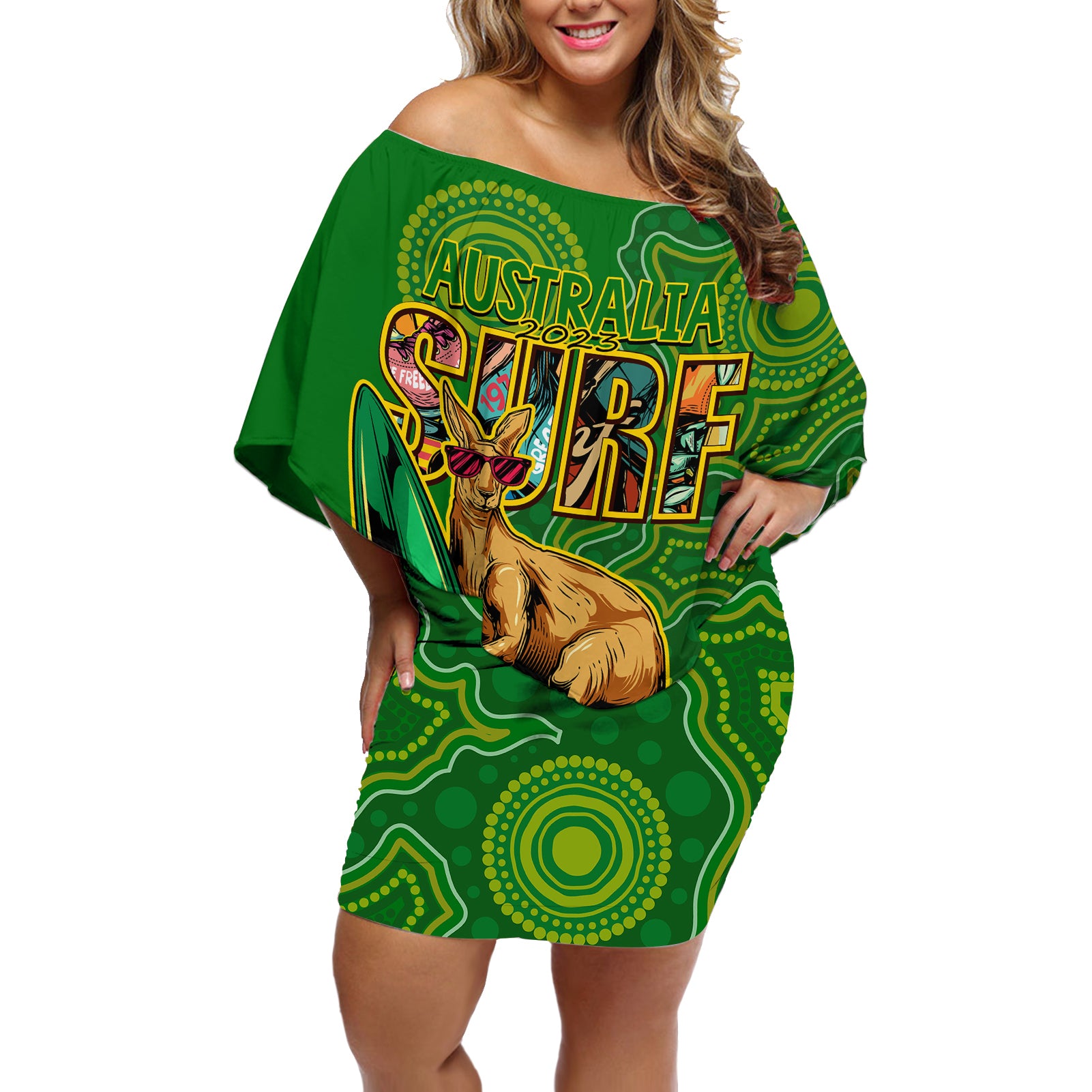 australia-surf-off-shoulder-short-dress-2023-happy-kangaroo-indigenous-artsy