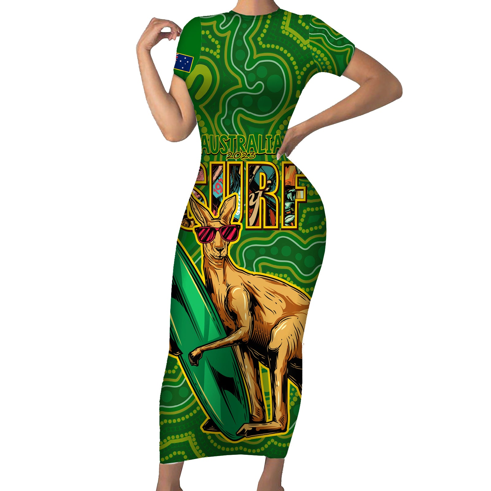 australia-surf-short-sleeve-bodycon-dress-2023-happy-kangaroo-indigenous-artsy