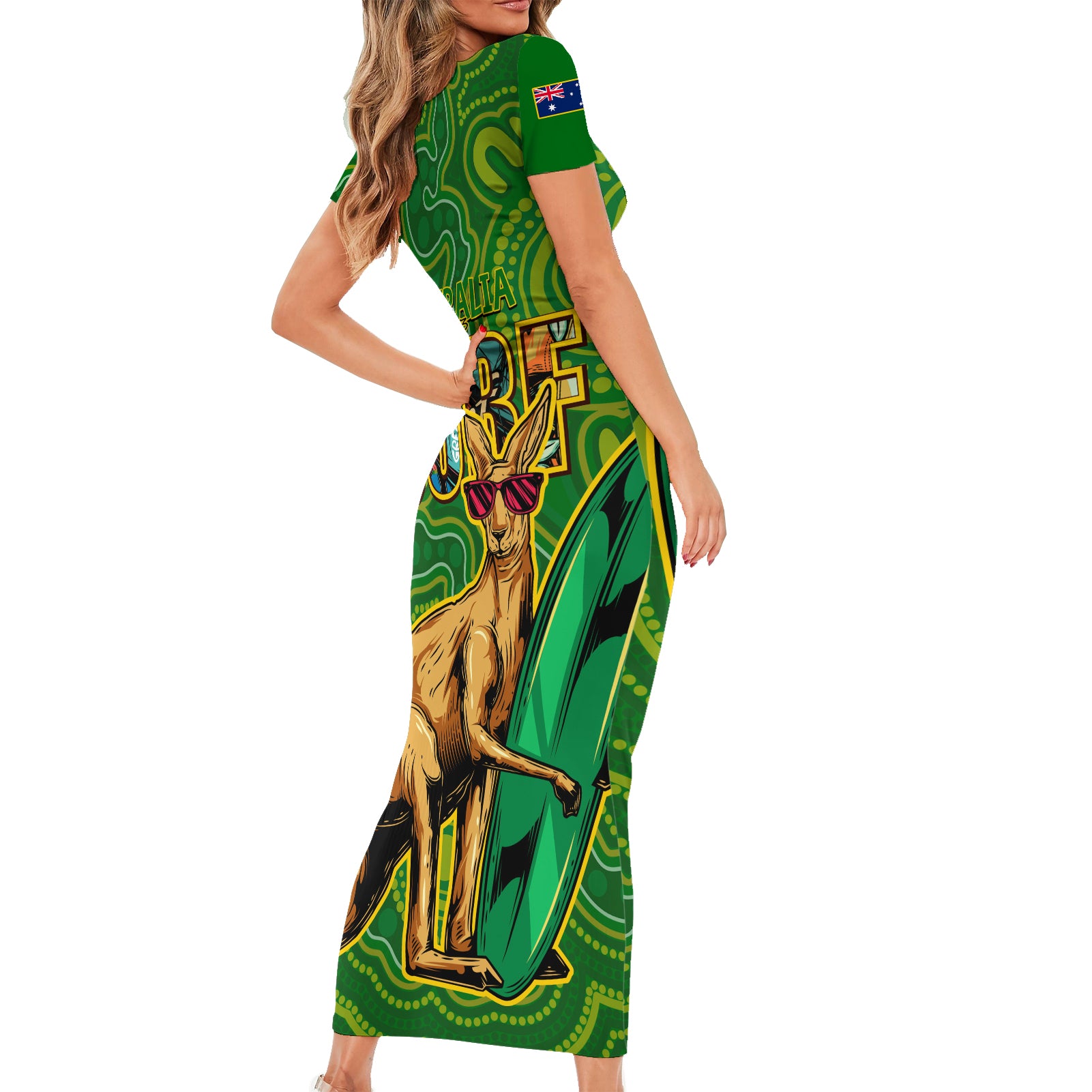 australia-surf-short-sleeve-bodycon-dress-2023-happy-kangaroo-indigenous-artsy