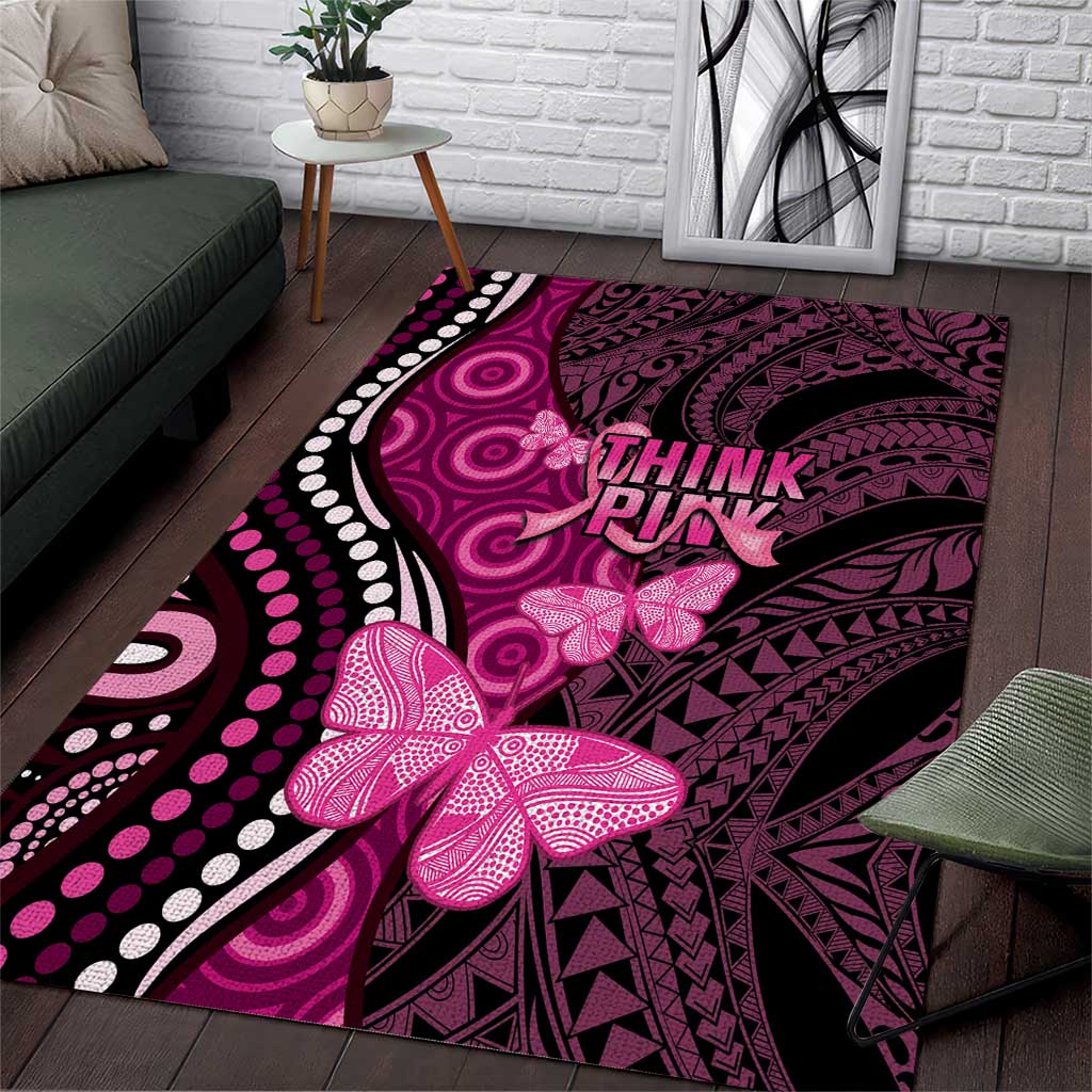 Think Pink Breast Cancer Awareness Area Rug Butterfly Aboriginal Mix Polynesian Pattern - Vibe Hoodie Shop