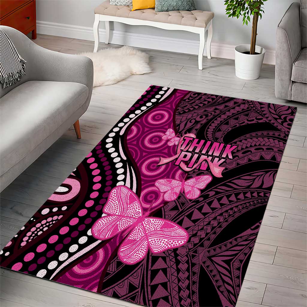 Think Pink Breast Cancer Awareness Area Rug Butterfly Aboriginal Mix Polynesian Pattern - Vibe Hoodie Shop