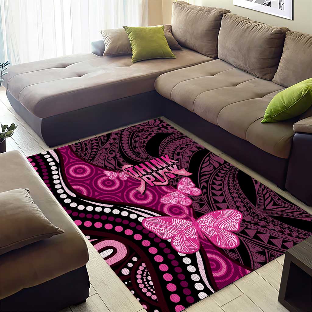 Think Pink Breast Cancer Awareness Area Rug Butterfly Aboriginal Mix Polynesian Pattern - Vibe Hoodie Shop