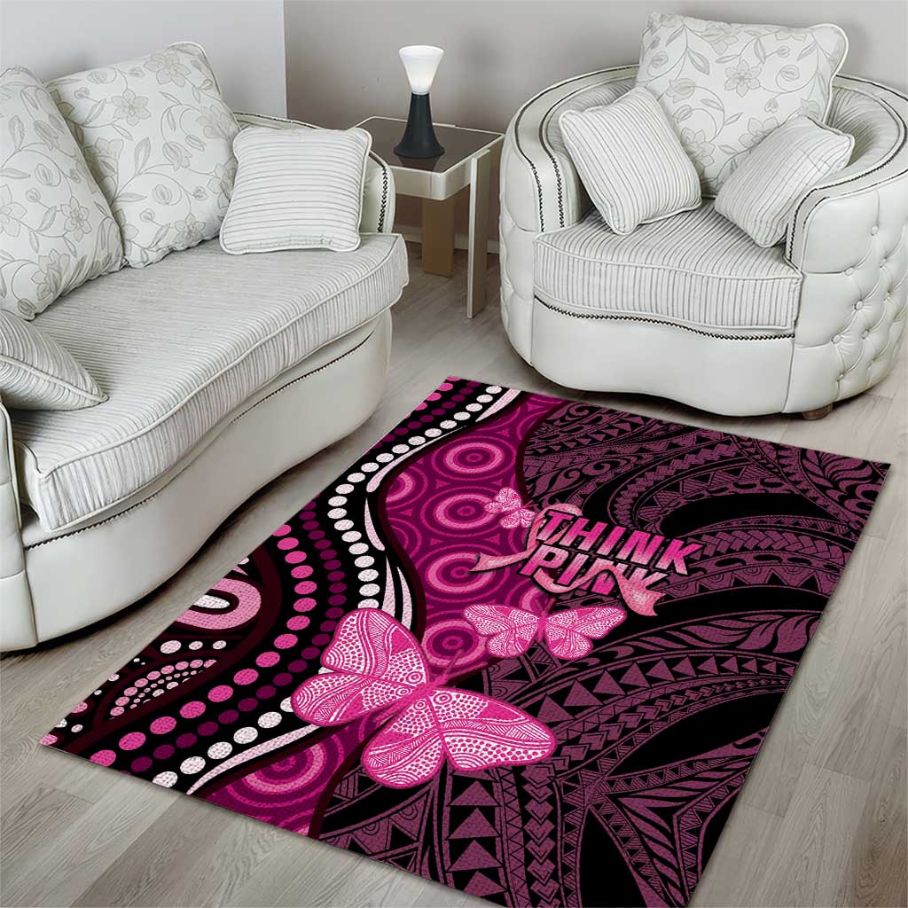 Think Pink Breast Cancer Awareness Area Rug Butterfly Aboriginal Mix Polynesian Pattern - Vibe Hoodie Shop