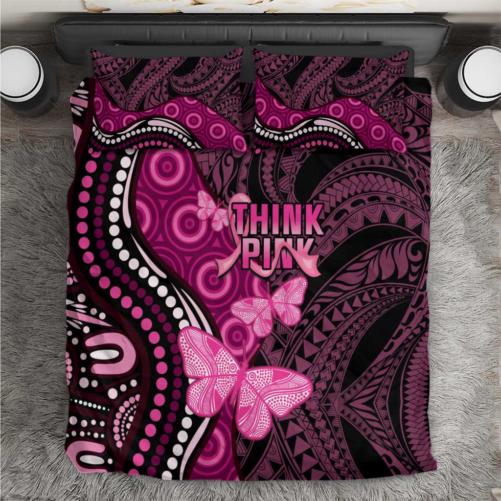 Think Pink Breast Cancer Awareness Bedding Set Butterfly Aboriginal Mix Polynesian Pattern - Vibe Hoodie Shop