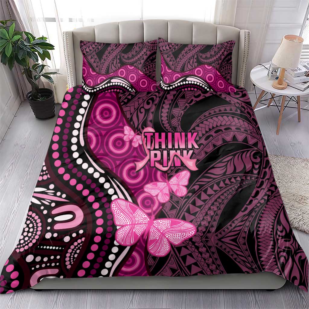 Think Pink Breast Cancer Awareness Bedding Set Butterfly Aboriginal Mix Polynesian Pattern - Vibe Hoodie Shop