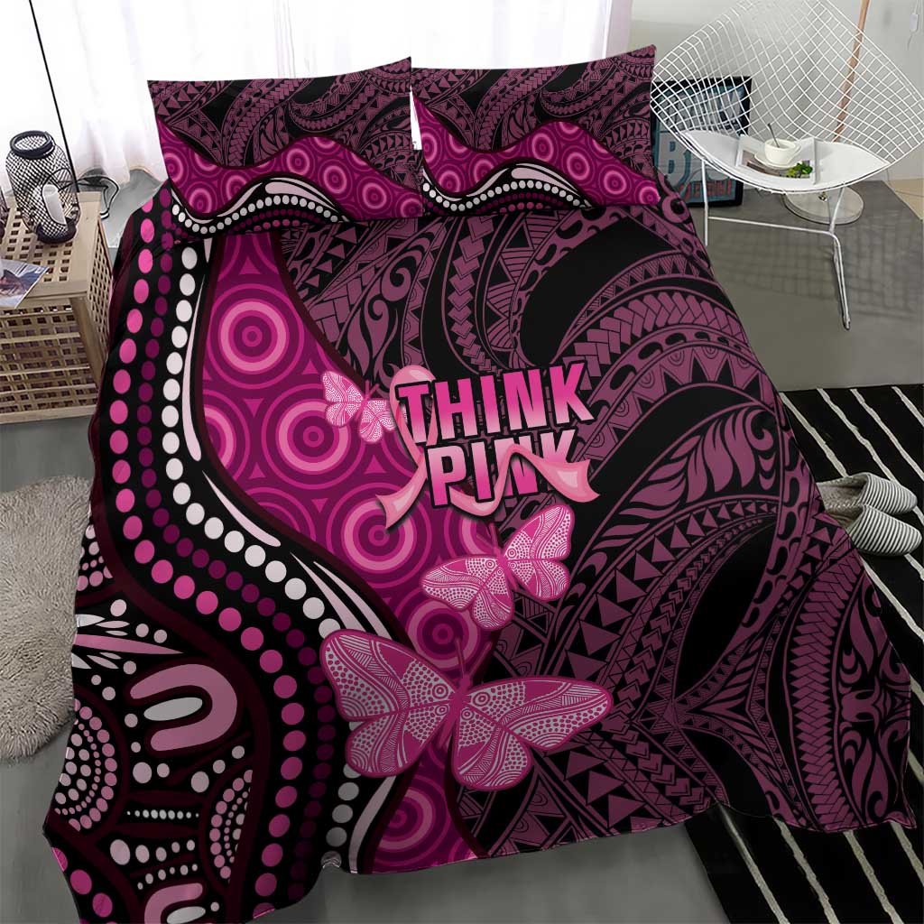 Think Pink Breast Cancer Awareness Bedding Set Butterfly Aboriginal Mix Polynesian Pattern - Vibe Hoodie Shop