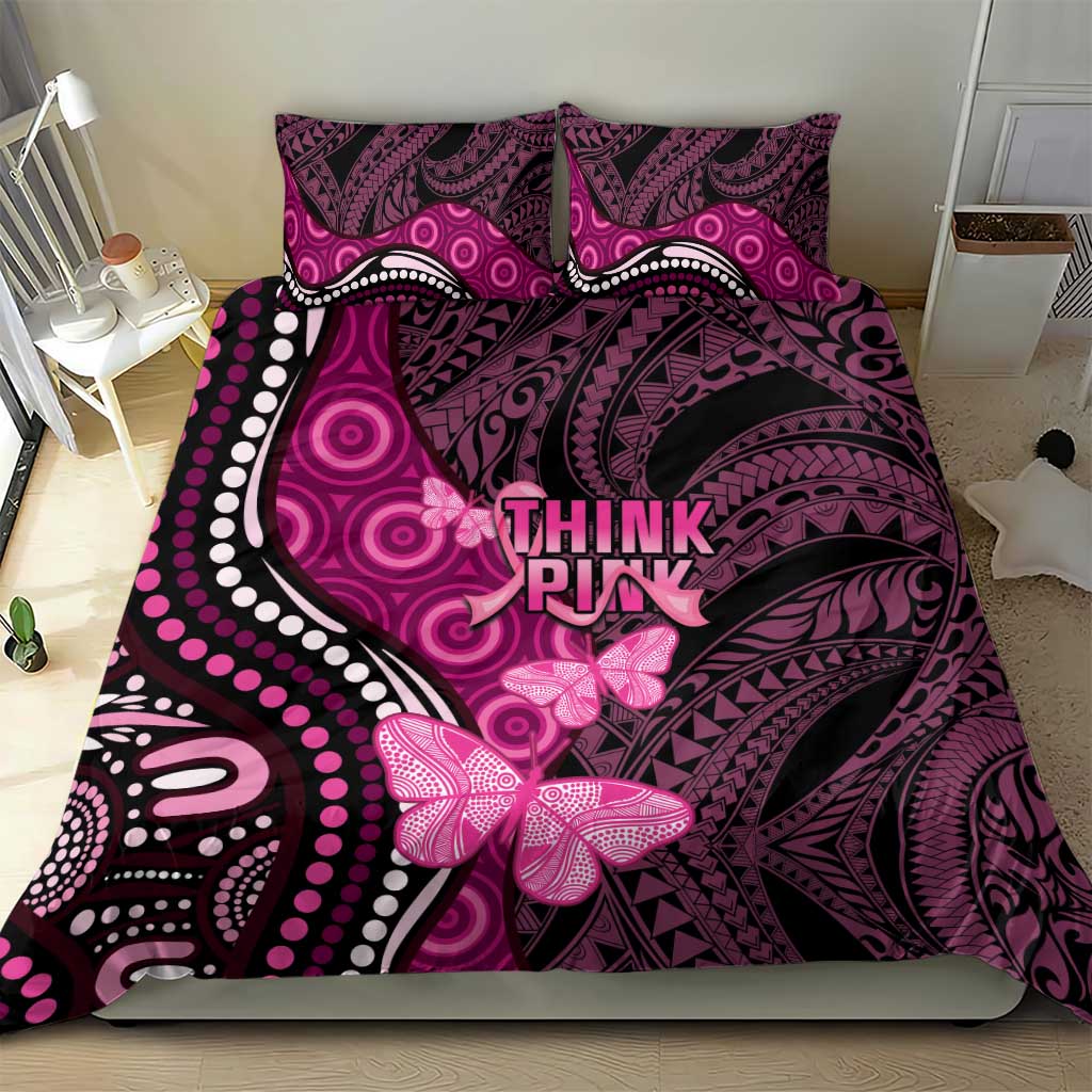 Think Pink Breast Cancer Awareness Bedding Set Butterfly Aboriginal Mix Polynesian Pattern - Vibe Hoodie Shop