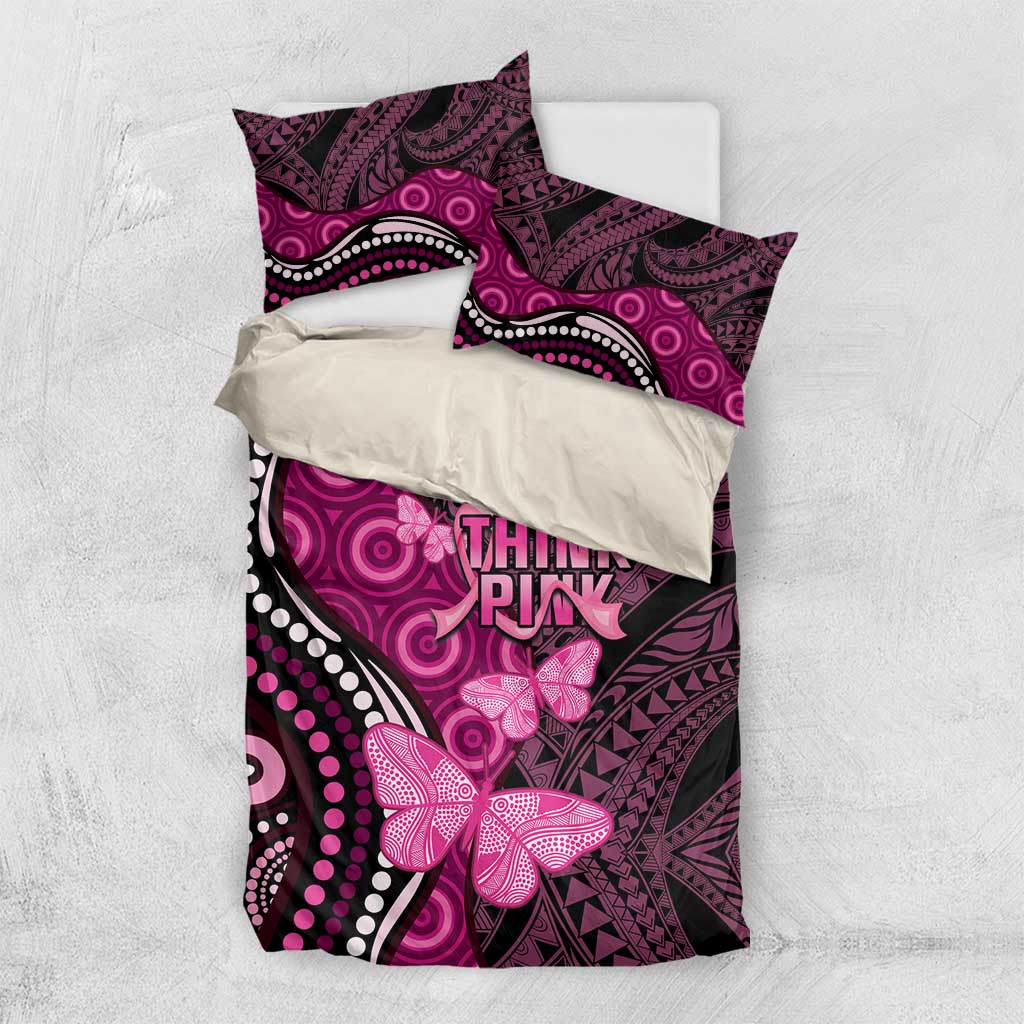 Think Pink Breast Cancer Awareness Bedding Set Butterfly Aboriginal Mix Polynesian Pattern - Vibe Hoodie Shop
