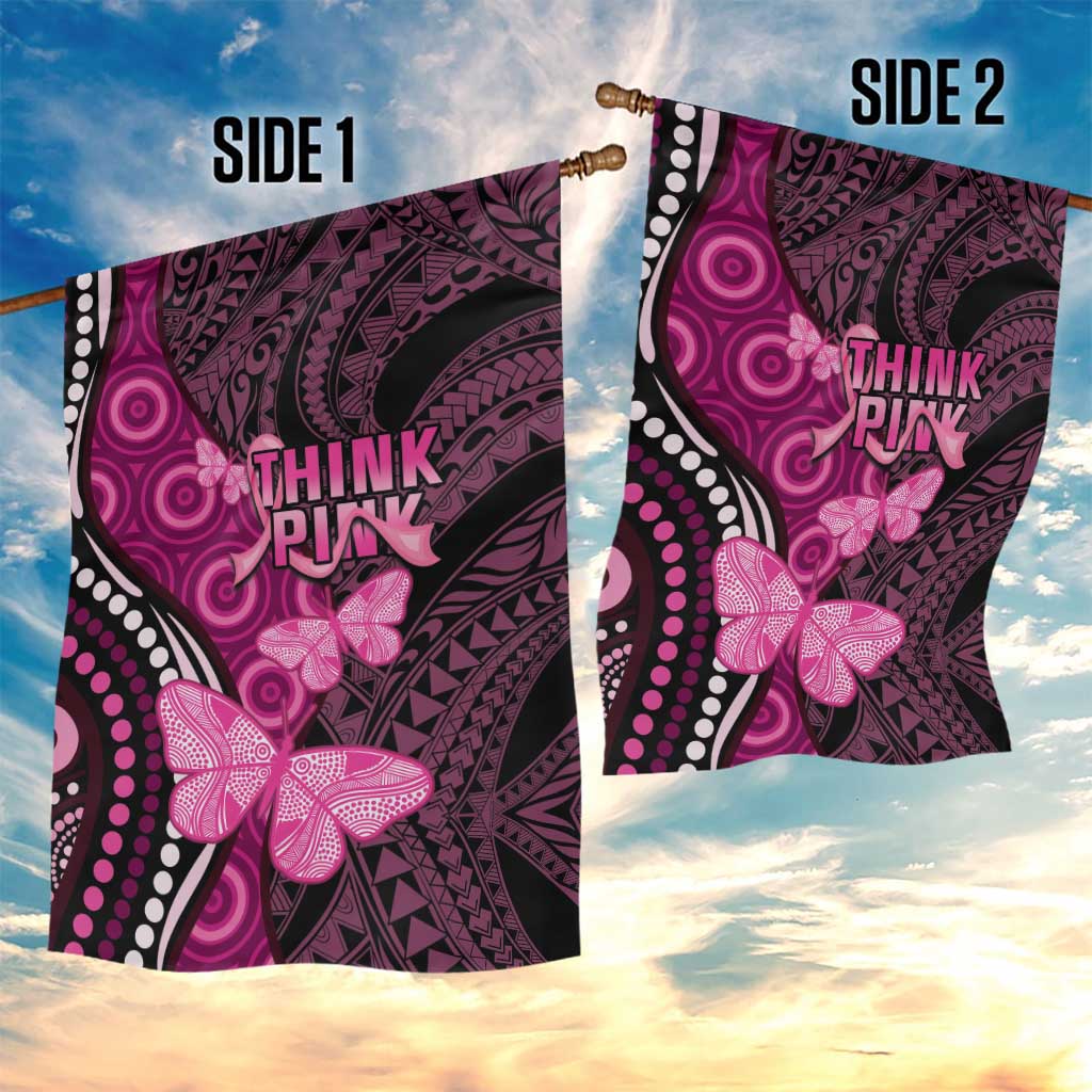 Think Pink Breast Cancer Awareness Garden Flag Butterfly Aboriginal Mix Polynesian Pattern - Vibe Hoodie Shop