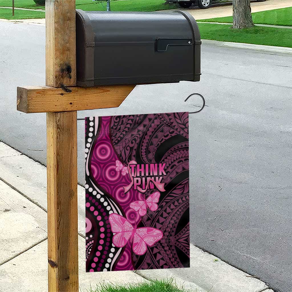 Think Pink Breast Cancer Awareness Garden Flag Butterfly Aboriginal Mix Polynesian Pattern - Vibe Hoodie Shop