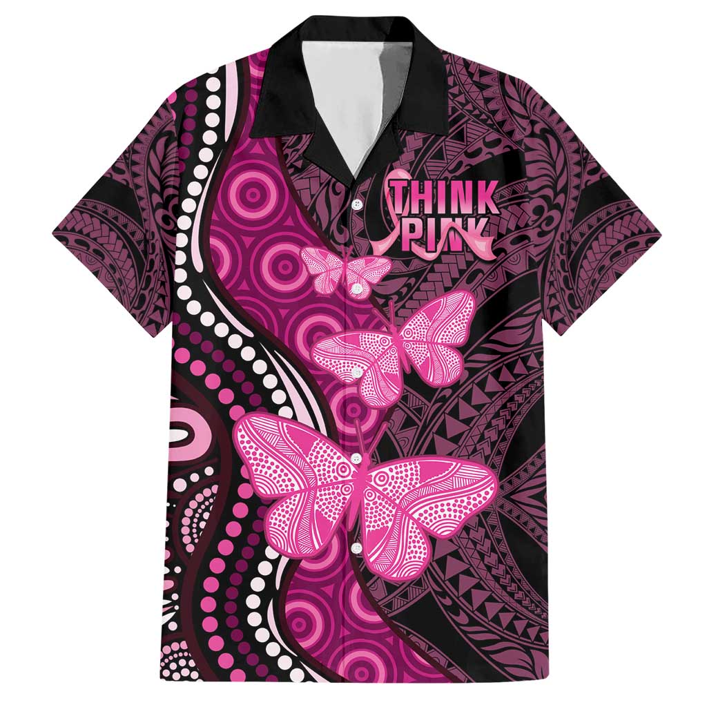 Think Pink Breast Cancer Awareness Hawaiian Shirt Butterfly Aboriginal Mix Polynesian Pattern - Vibe Hoodie Shop