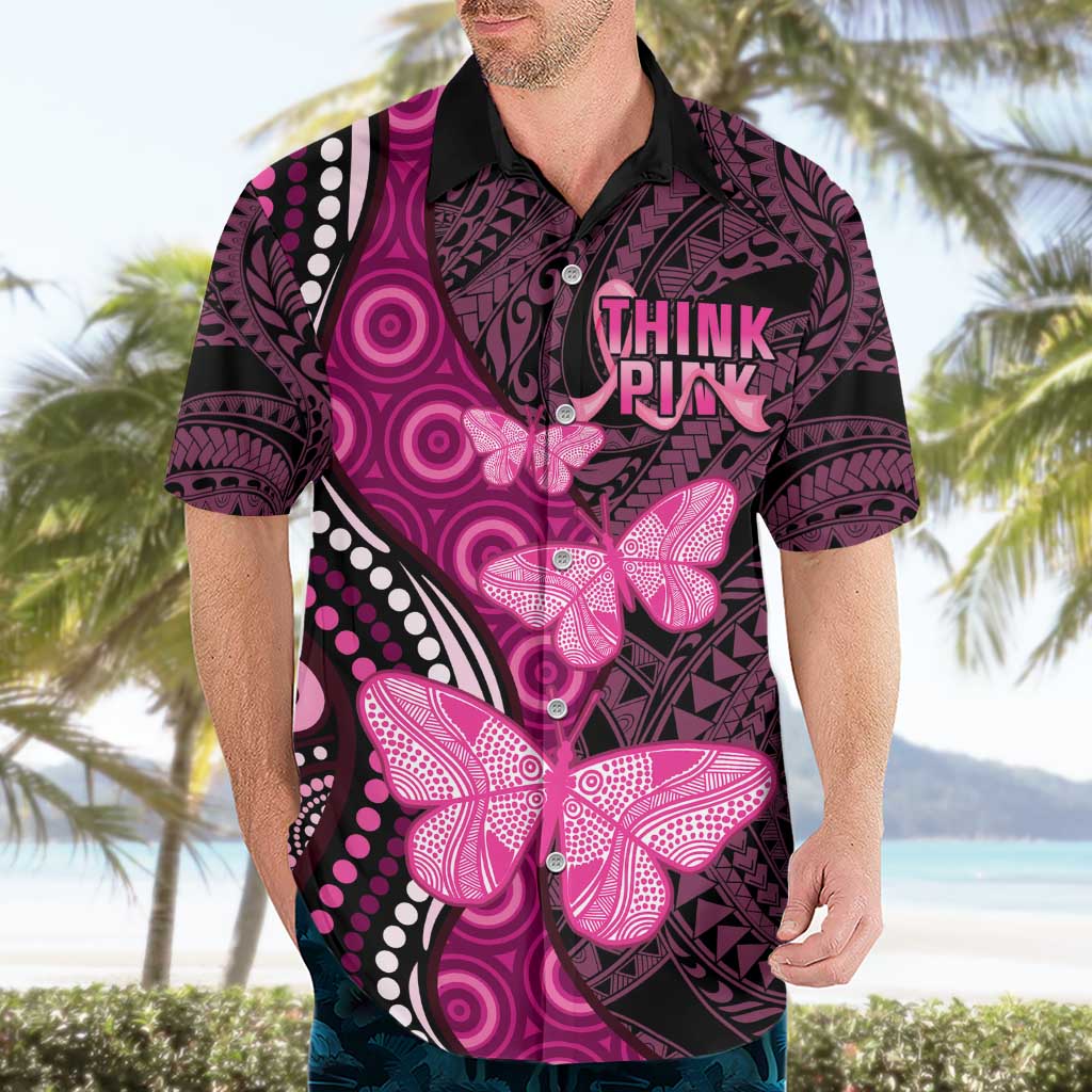 Think Pink Breast Cancer Awareness Hawaiian Shirt Butterfly Aboriginal Mix Polynesian Pattern - Vibe Hoodie Shop