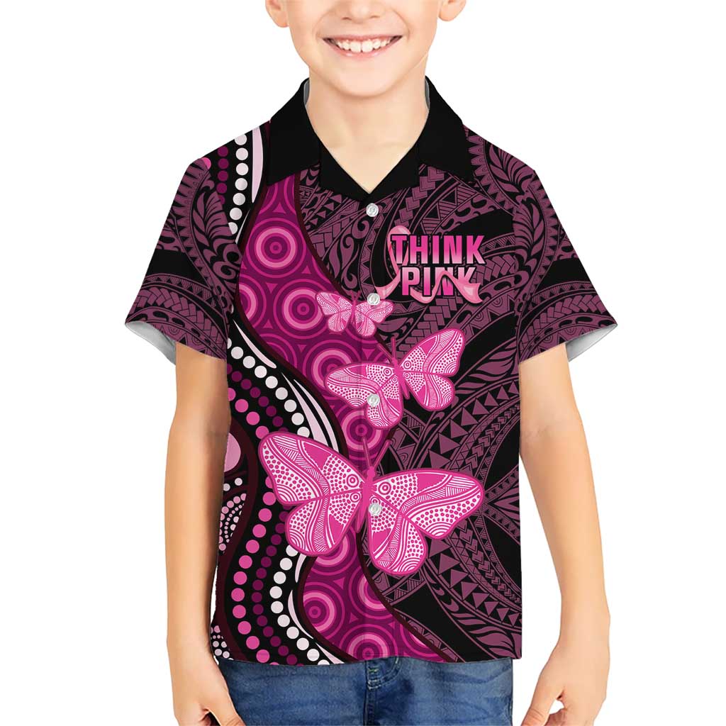 Think Pink Breast Cancer Awareness Hawaiian Shirt Butterfly Aboriginal Mix Polynesian Pattern - Vibe Hoodie Shop