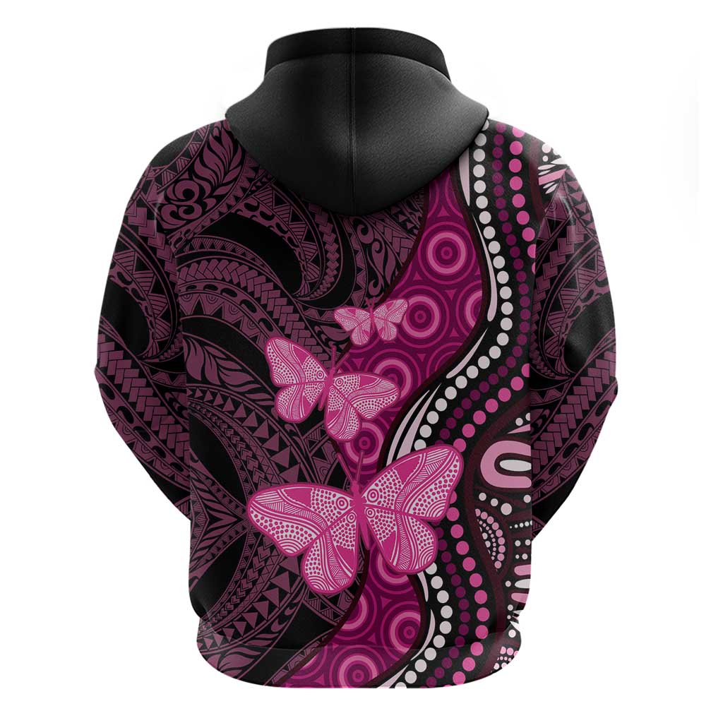 Think Pink Breast Cancer Awareness Hoodie Butterfly Aboriginal Mix Polynesian Pattern - Vibe Hoodie Shop