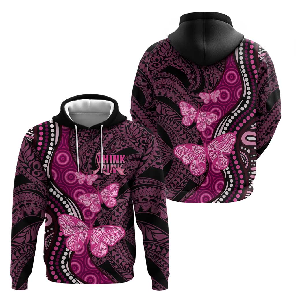 Think Pink Breast Cancer Awareness Hoodie Butterfly Aboriginal Mix Polynesian Pattern - Vibe Hoodie Shop