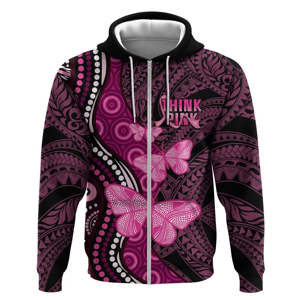 Think Pink Breast Cancer Awareness Hoodie Butterfly Aboriginal Mix Polynesian Pattern - Vibe Hoodie Shop