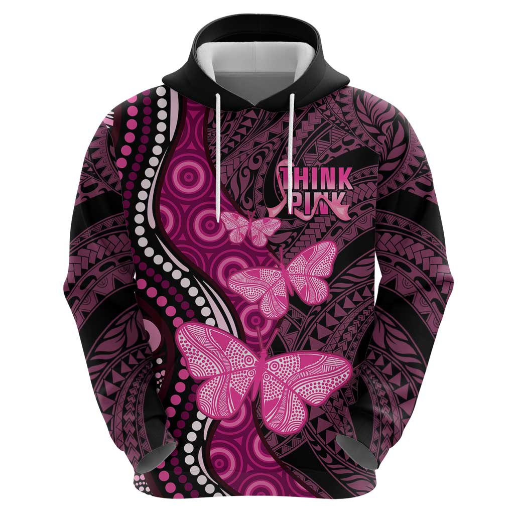 Think Pink Breast Cancer Awareness Hoodie Butterfly Aboriginal Mix Polynesian Pattern - Vibe Hoodie Shop
