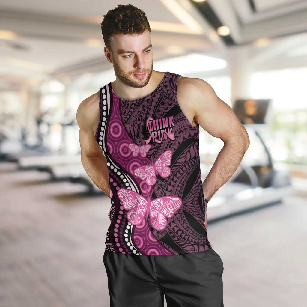 Think Pink Breast Cancer Awareness Men Tank Top Butterfly Aboriginal Mix Polynesian Pattern - Vibe Hoodie Shop