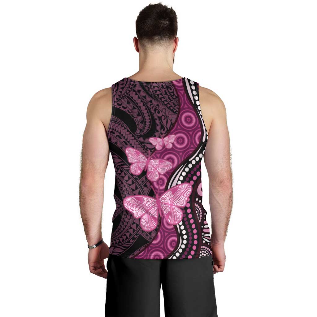 Think Pink Breast Cancer Awareness Men Tank Top Butterfly Aboriginal Mix Polynesian Pattern - Vibe Hoodie Shop