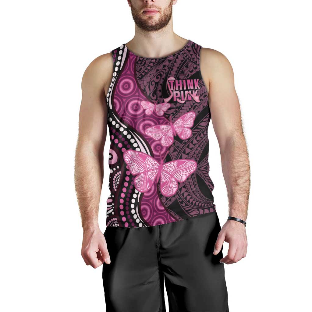 Think Pink Breast Cancer Awareness Men Tank Top Butterfly Aboriginal Mix Polynesian Pattern - Vibe Hoodie Shop