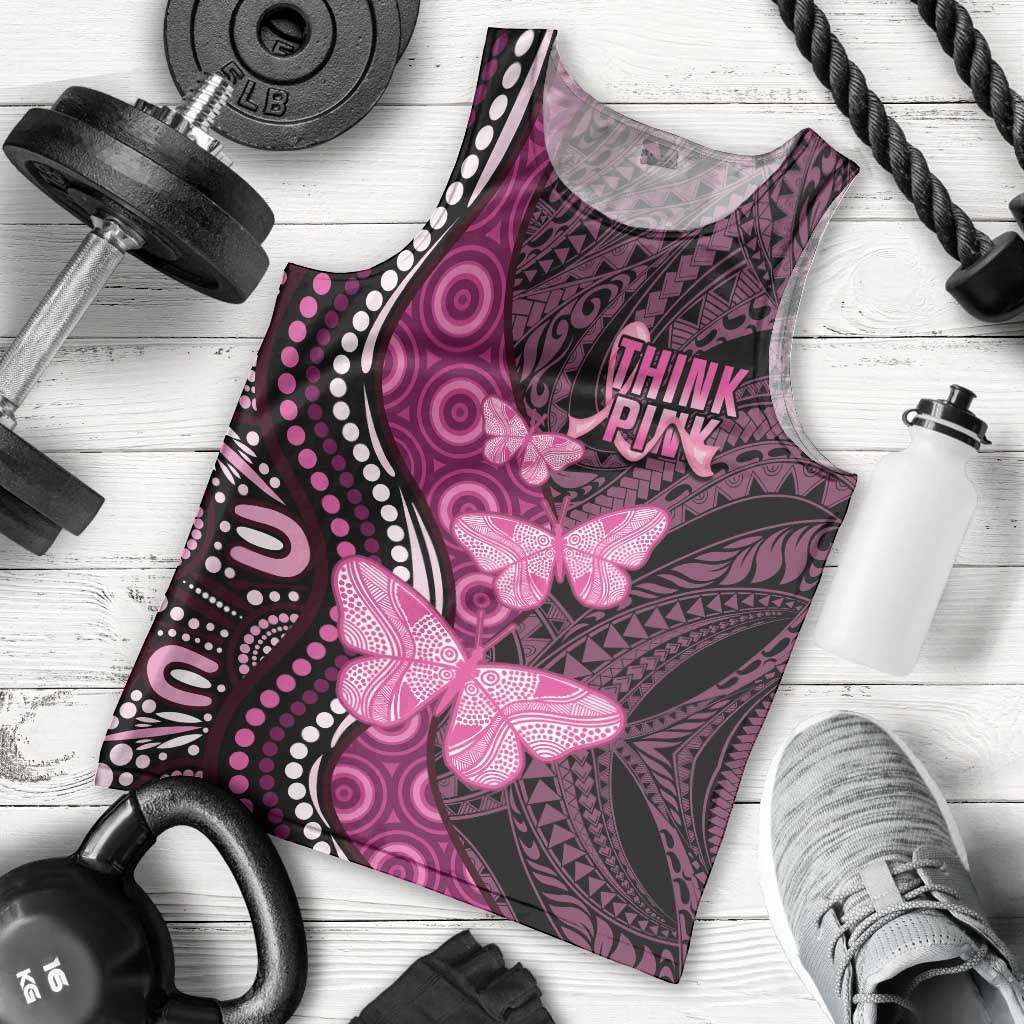 Think Pink Breast Cancer Awareness Men Tank Top Butterfly Aboriginal Mix Polynesian Pattern - Vibe Hoodie Shop