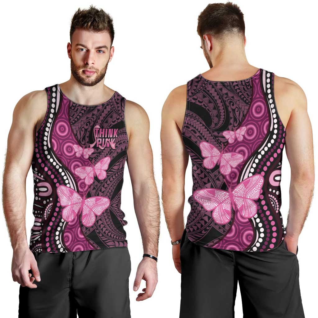 Think Pink Breast Cancer Awareness Men Tank Top Butterfly Aboriginal Mix Polynesian Pattern - Vibe Hoodie Shop