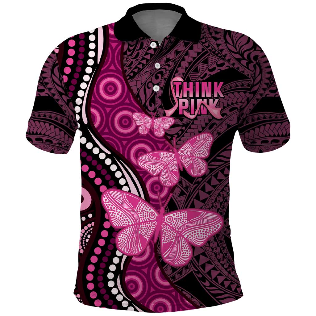 Think Pink Breast Cancer Awareness Polo Shirt Butterfly Aboriginal Mix Polynesian Pattern - Vibe Hoodie Shop