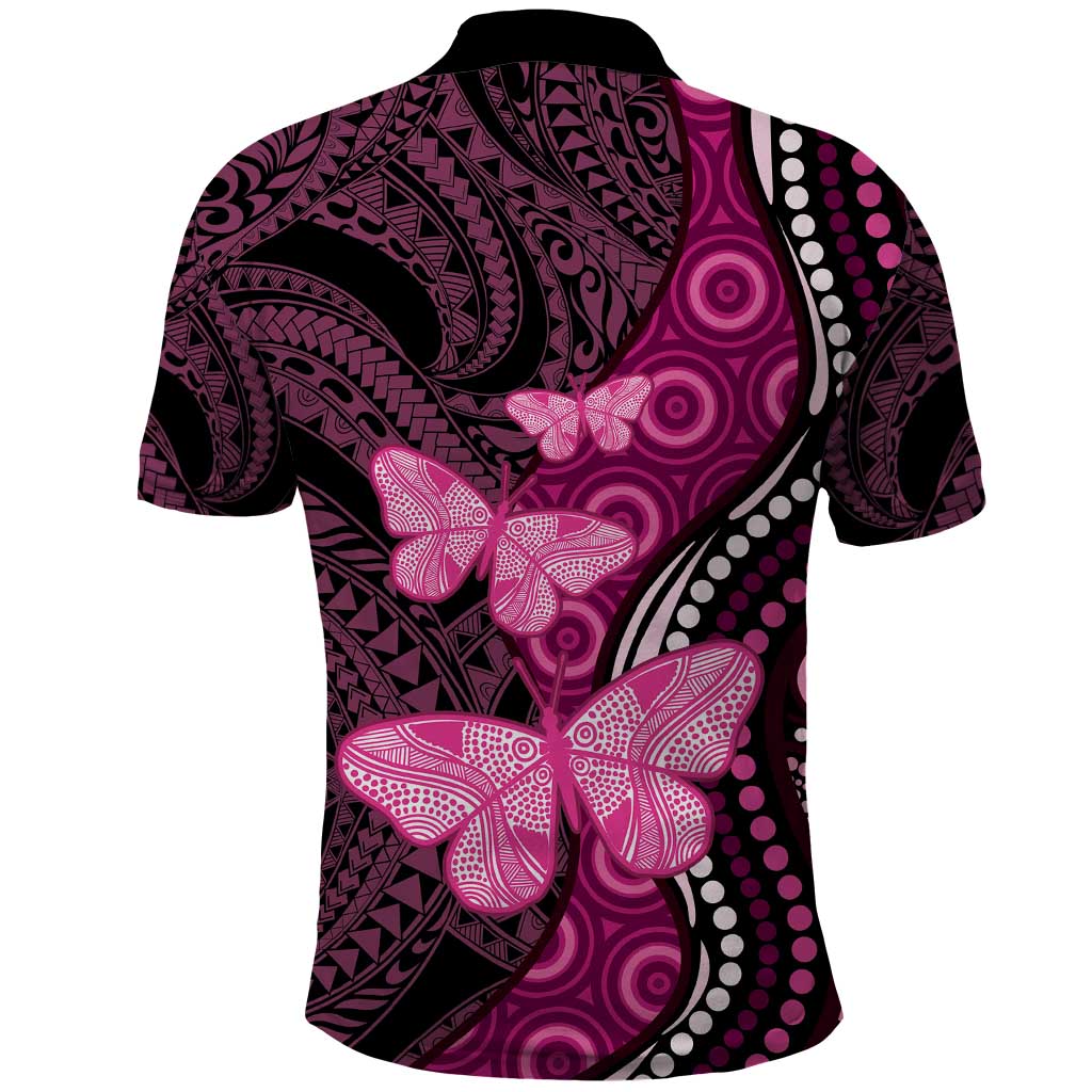 Think Pink Breast Cancer Awareness Polo Shirt Butterfly Aboriginal Mix Polynesian Pattern - Vibe Hoodie Shop