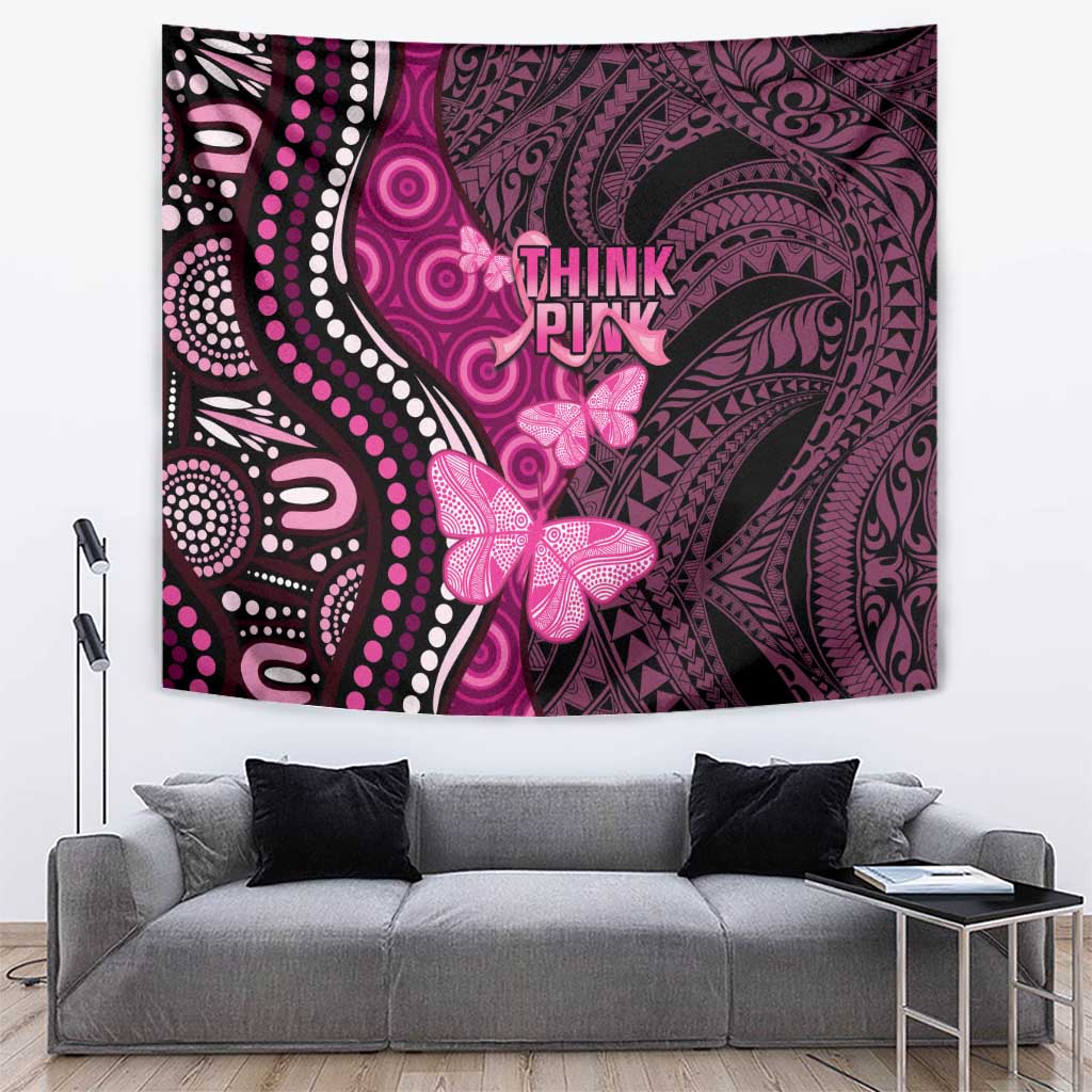 Think Pink Breast Cancer Awareness Tapestry Butterfly Aboriginal Mix Polynesian Pattern - Vibe Hoodie Shop