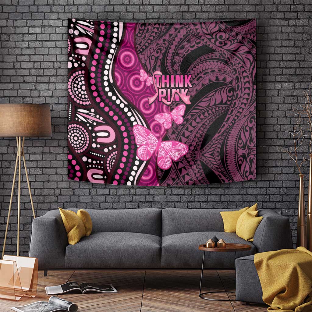 Think Pink Breast Cancer Awareness Tapestry Butterfly Aboriginal Mix Polynesian Pattern - Vibe Hoodie Shop