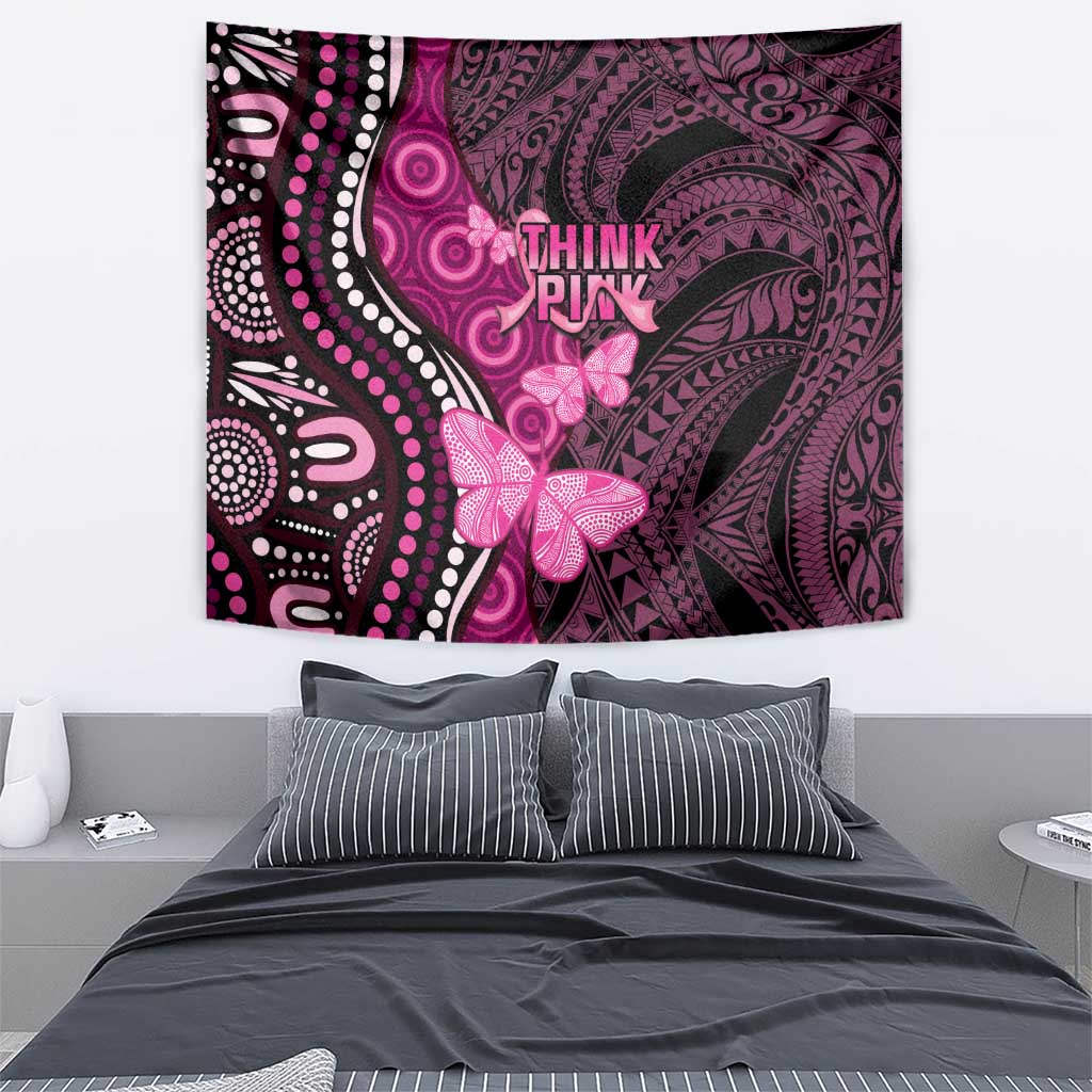 Think Pink Breast Cancer Awareness Tapestry Butterfly Aboriginal Mix Polynesian Pattern - Vibe Hoodie Shop