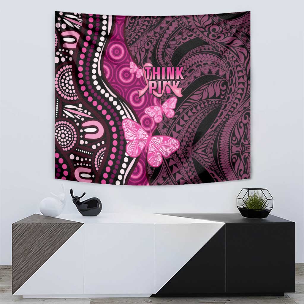 Think Pink Breast Cancer Awareness Tapestry Butterfly Aboriginal Mix Polynesian Pattern - Vibe Hoodie Shop