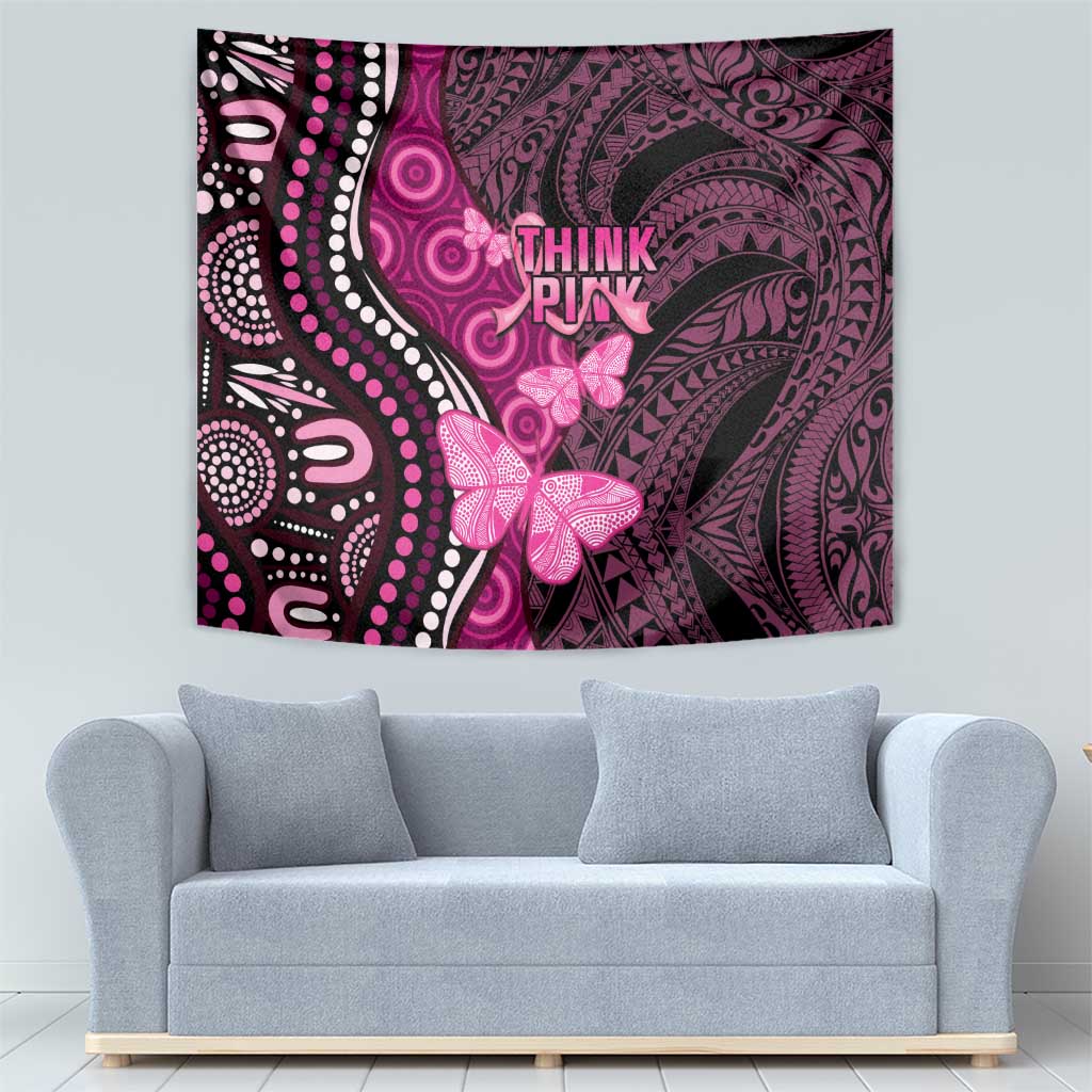 Think Pink Breast Cancer Awareness Tapestry Butterfly Aboriginal Mix Polynesian Pattern - Vibe Hoodie Shop