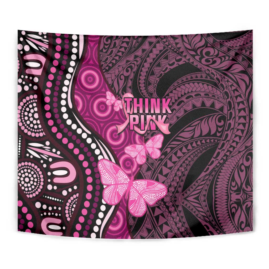 Think Pink Breast Cancer Awareness Tapestry Butterfly Aboriginal Mix Polynesian Pattern - Vibe Hoodie Shop