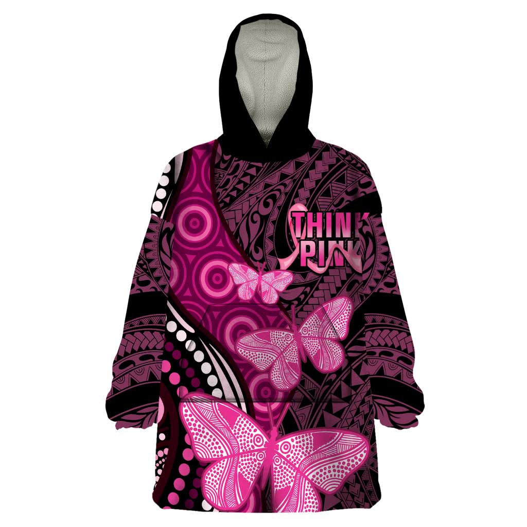 Think Pink Breast Cancer Awareness Wearable Blanket Hoodie Butterfly Aboriginal Mix Polynesian Pattern - Vibe Hoodie Shop