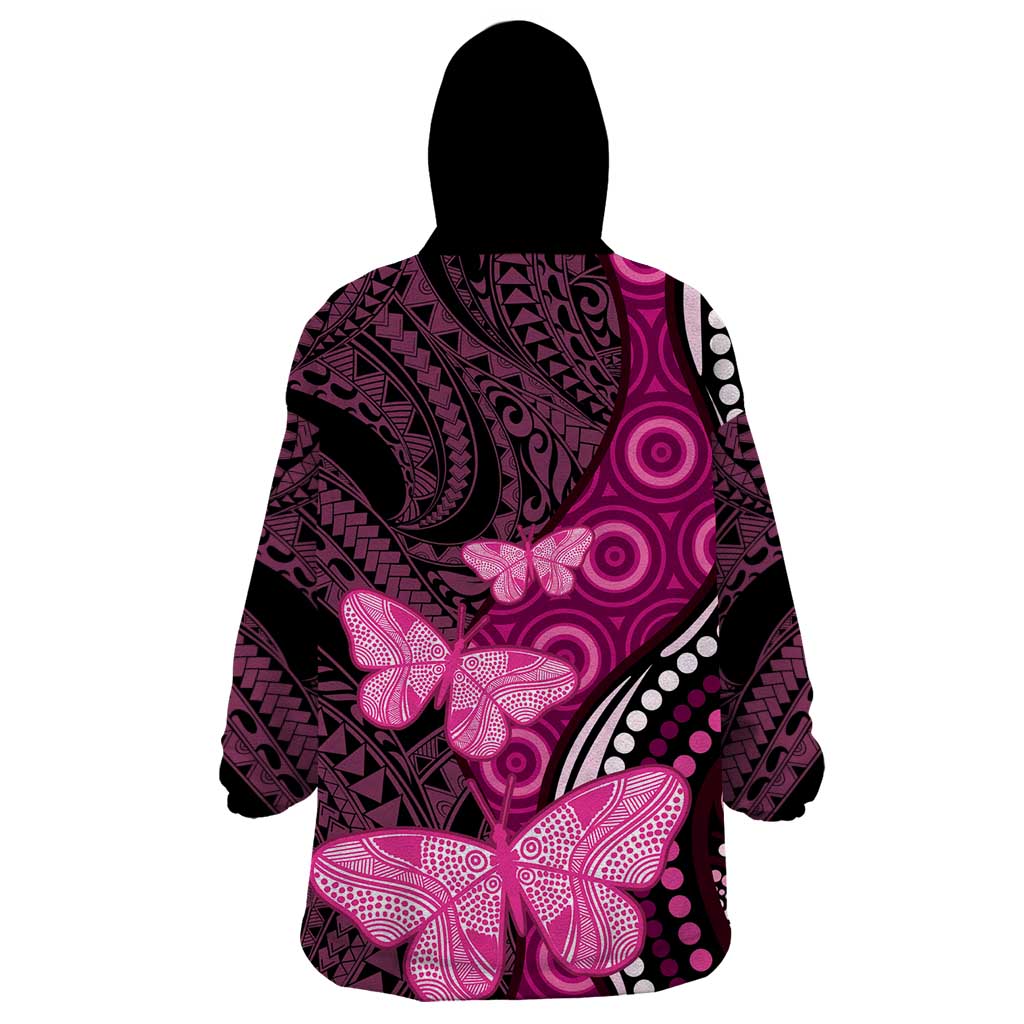 Think Pink Breast Cancer Awareness Wearable Blanket Hoodie Butterfly Aboriginal Mix Polynesian Pattern - Vibe Hoodie Shop